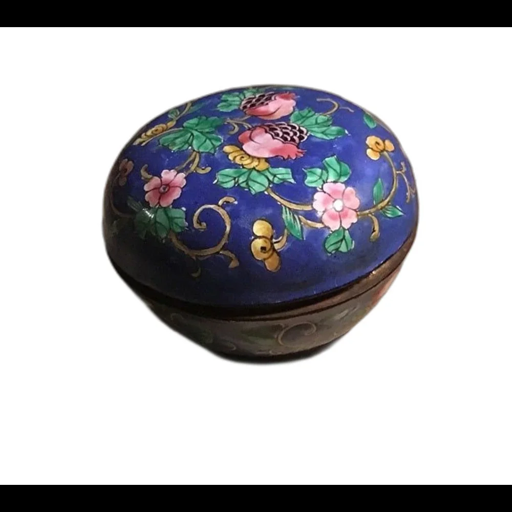 VTG Chinese Cloisonné Blue Floral Trinket Box Enamel Round Lidded Jewelry Jar
